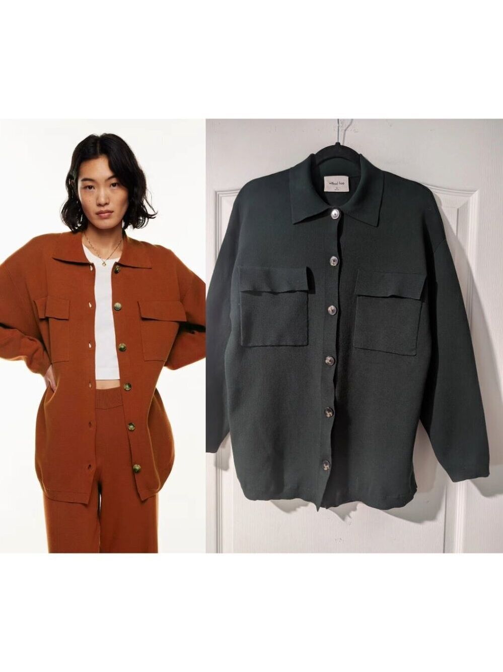 Aritzia Wilfred Free | Ronnie Long knit relaxed shirt jacket In Green